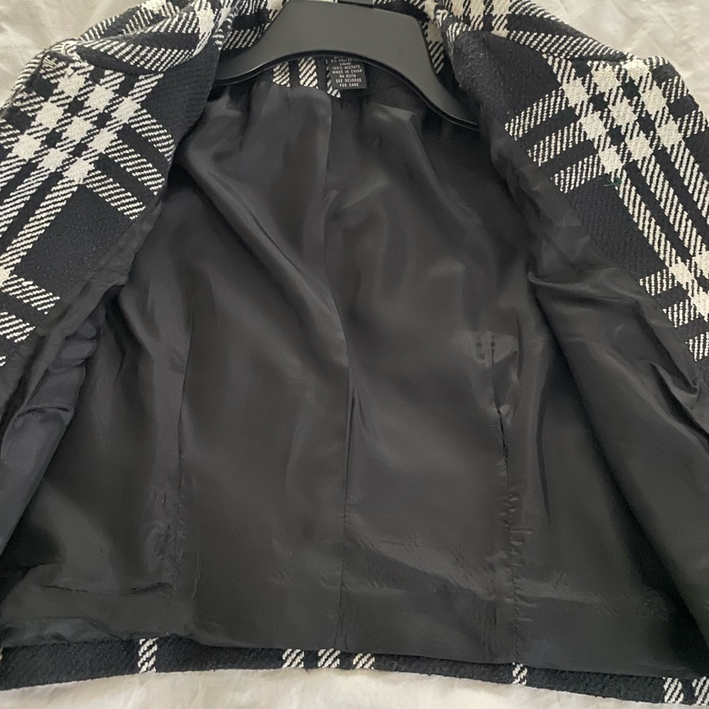 Grace Elements Wool Cropped Blazer Jacket Lined Black Ivory White Plaid - Picture 3 of 7
